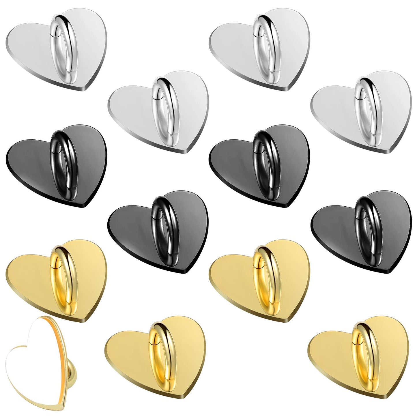 12 Pcs Cell Phone Charm Hook Finger Rings Adhesive Phone Finger Grip Loop Stand Metal Phone Charm Rings Sticky Heart Ring Phone Holder Heart Phone Ring for Cell Phone Tablet DIY Accessories 3 Colors