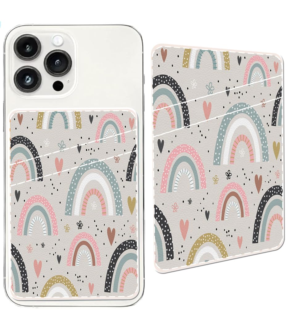 DFBIQKLSLeather Phone Card Holder Phone WalletCredit Card Holder for Phone Casestick On Back of Phone Fabric Sleeve for Phone PocketSuitable for Most Phones Boho Rainbow