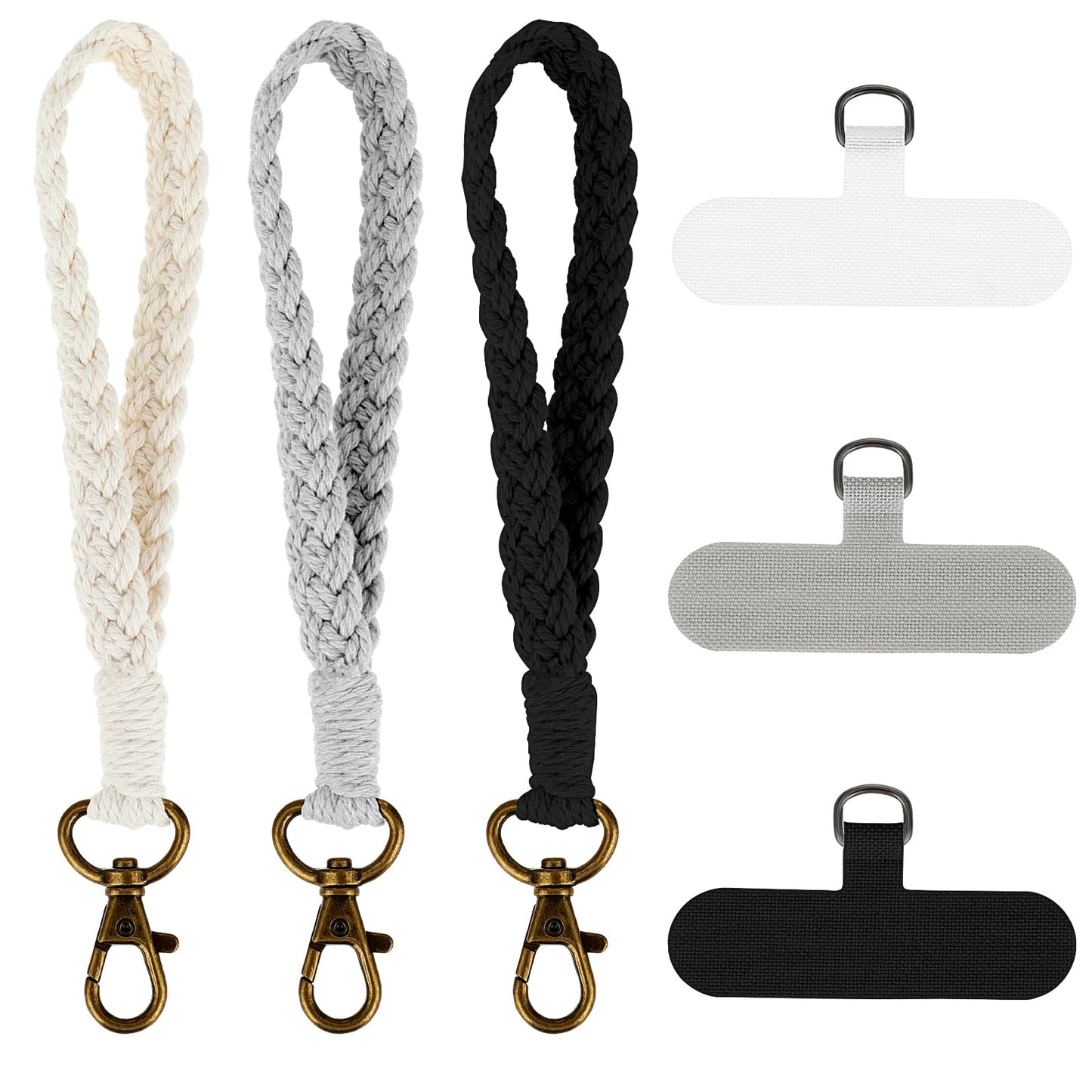 3Pcs Boho Macrame Phone Wrist Strap Cell Phone Lanyard with 3Pcs Phone Tether Tabs Handmade Wristlet Keychain Phone Case Anti-Loss Phone Chain for Women Men(Black White Gray)