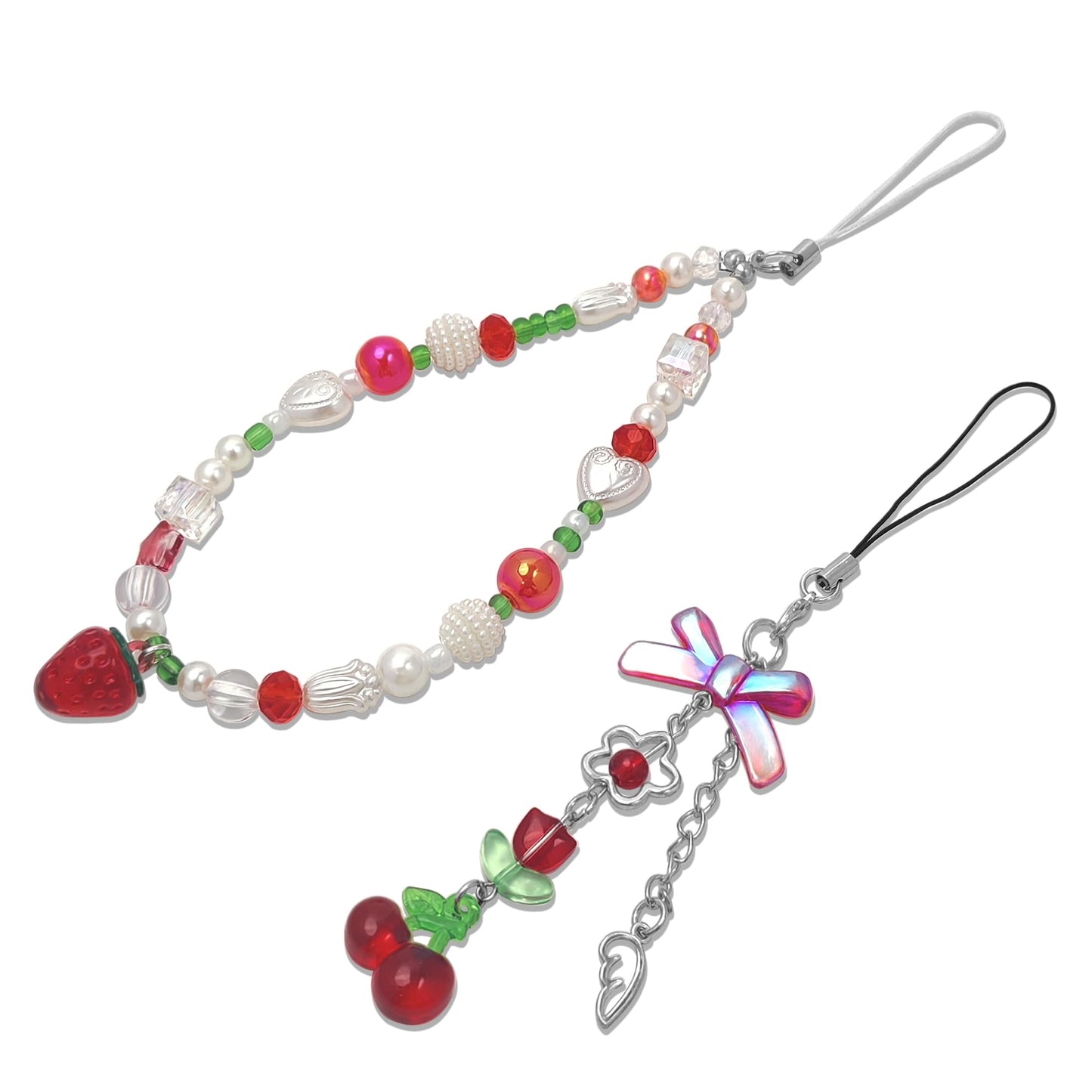 cioatu 2 Pack Phone Charms Cute Aesthetic Beaded Phone Charm Strap Phone Lanyard String Phone Chain Accessories for Phone Bag Keychain Airpods Camera Pendants (Red)